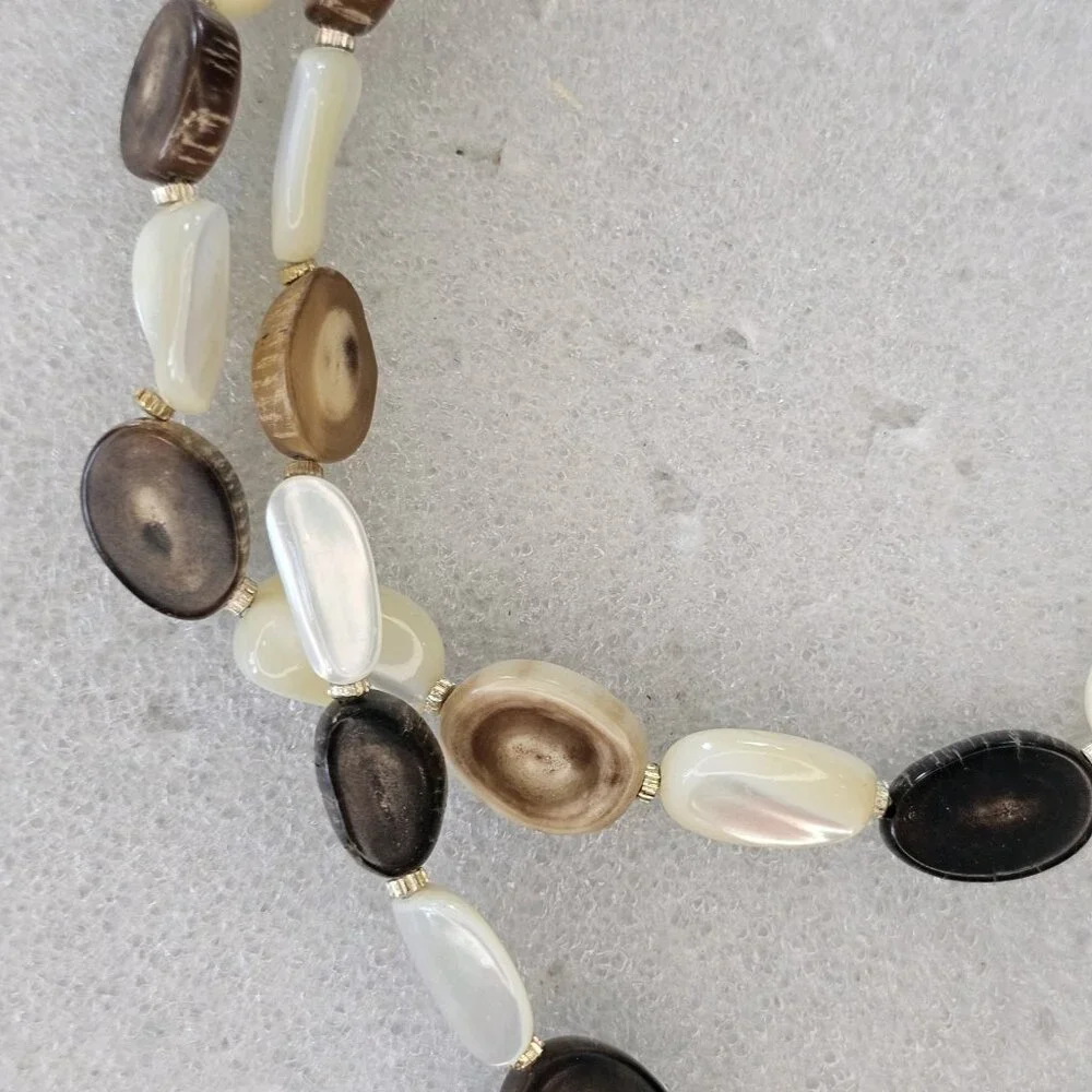VTG 60s Polished Antler Slice Abalone Shell Beaded‎ Necklace Brown Cream 19